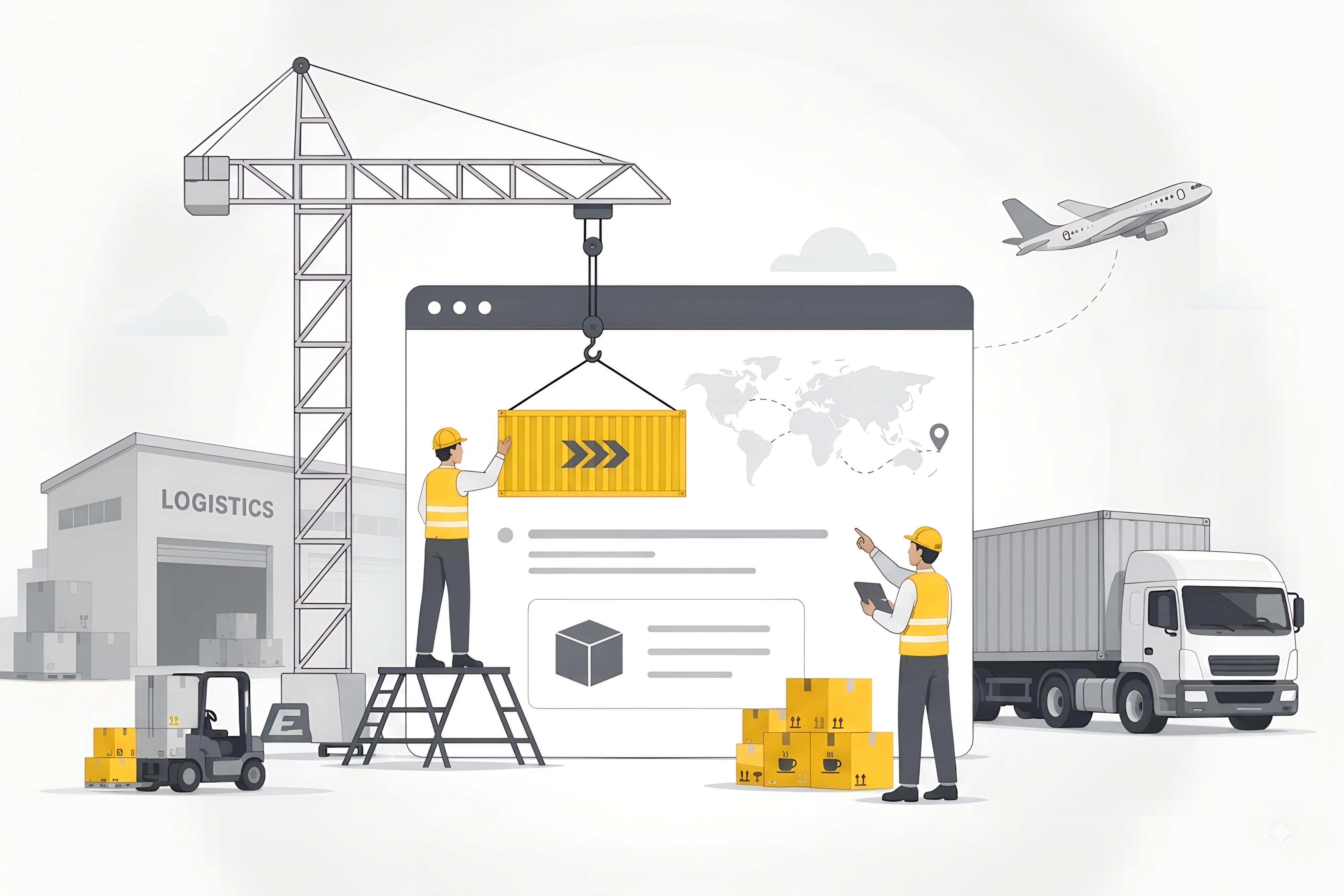 Warezone logistics operations showing warehouse, crane, container, cargo truck, and transport route interface